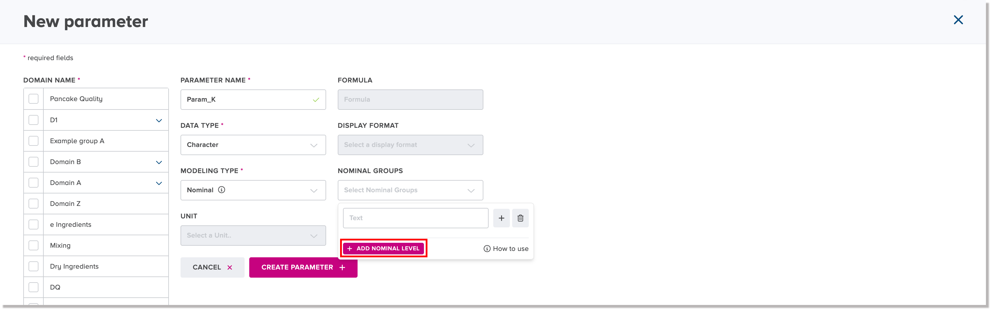 Add Nominal Level button