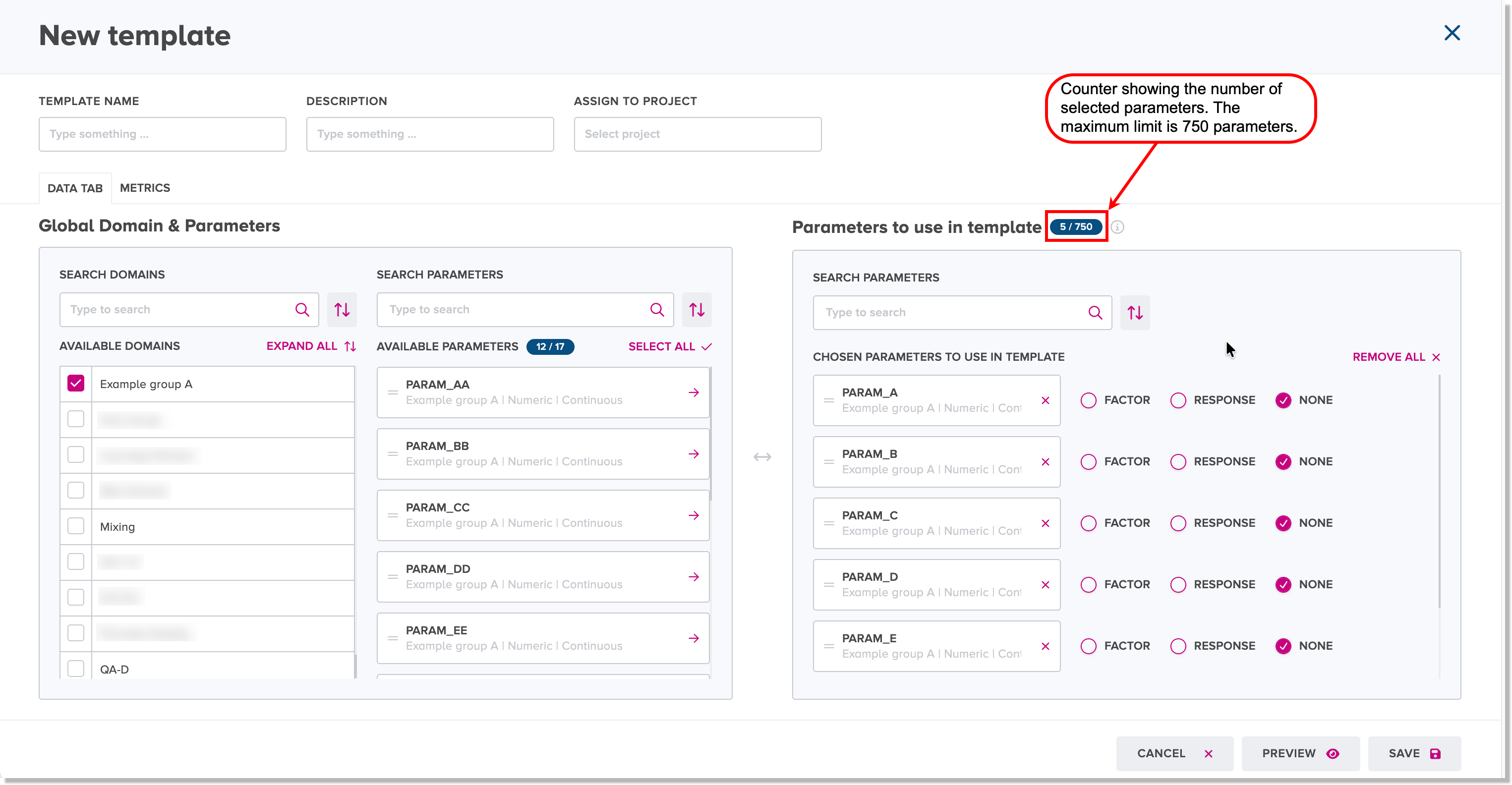Counter showing maxium limit of selected parameters in a new template