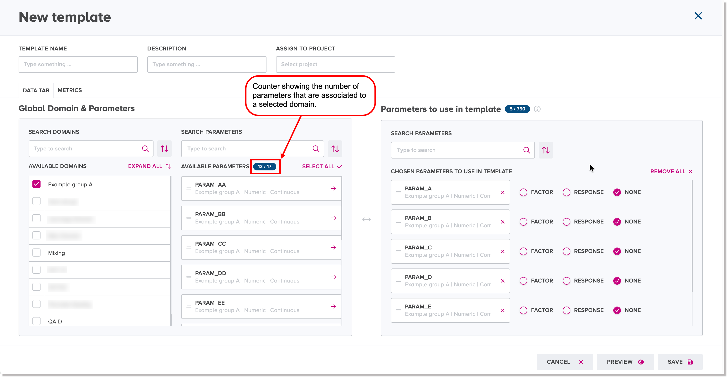 Counter showing number of parameters associated to the selected domain for a template