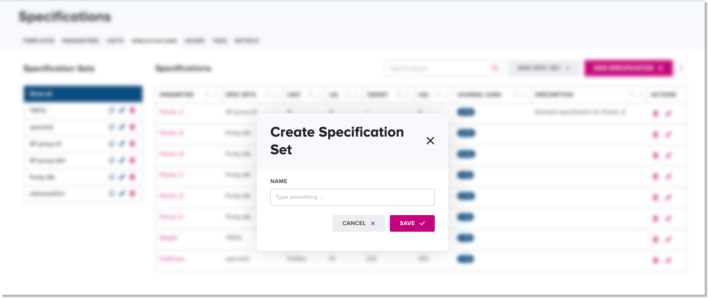 Create Specification Set dialog