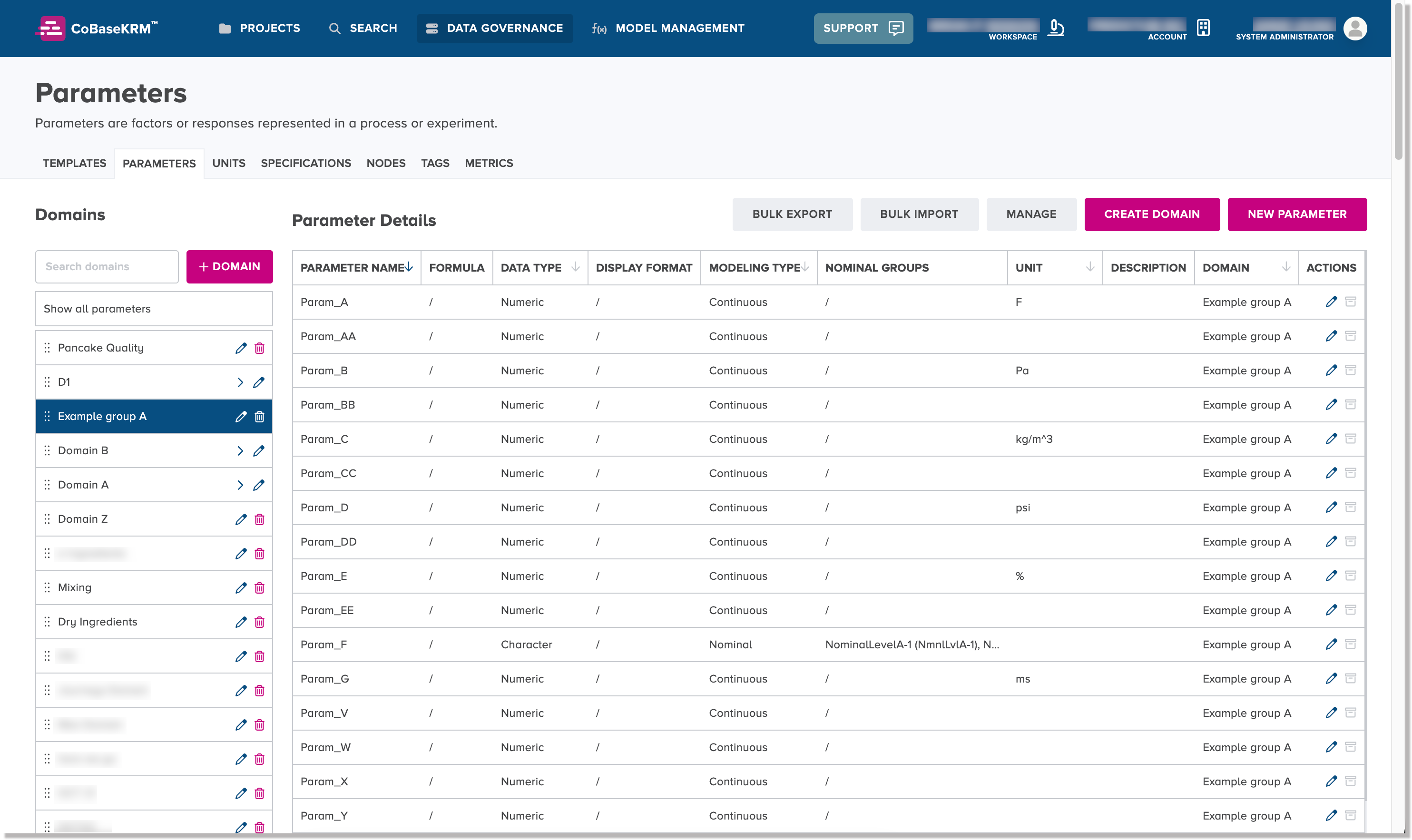 Data Governance - Parameters tab