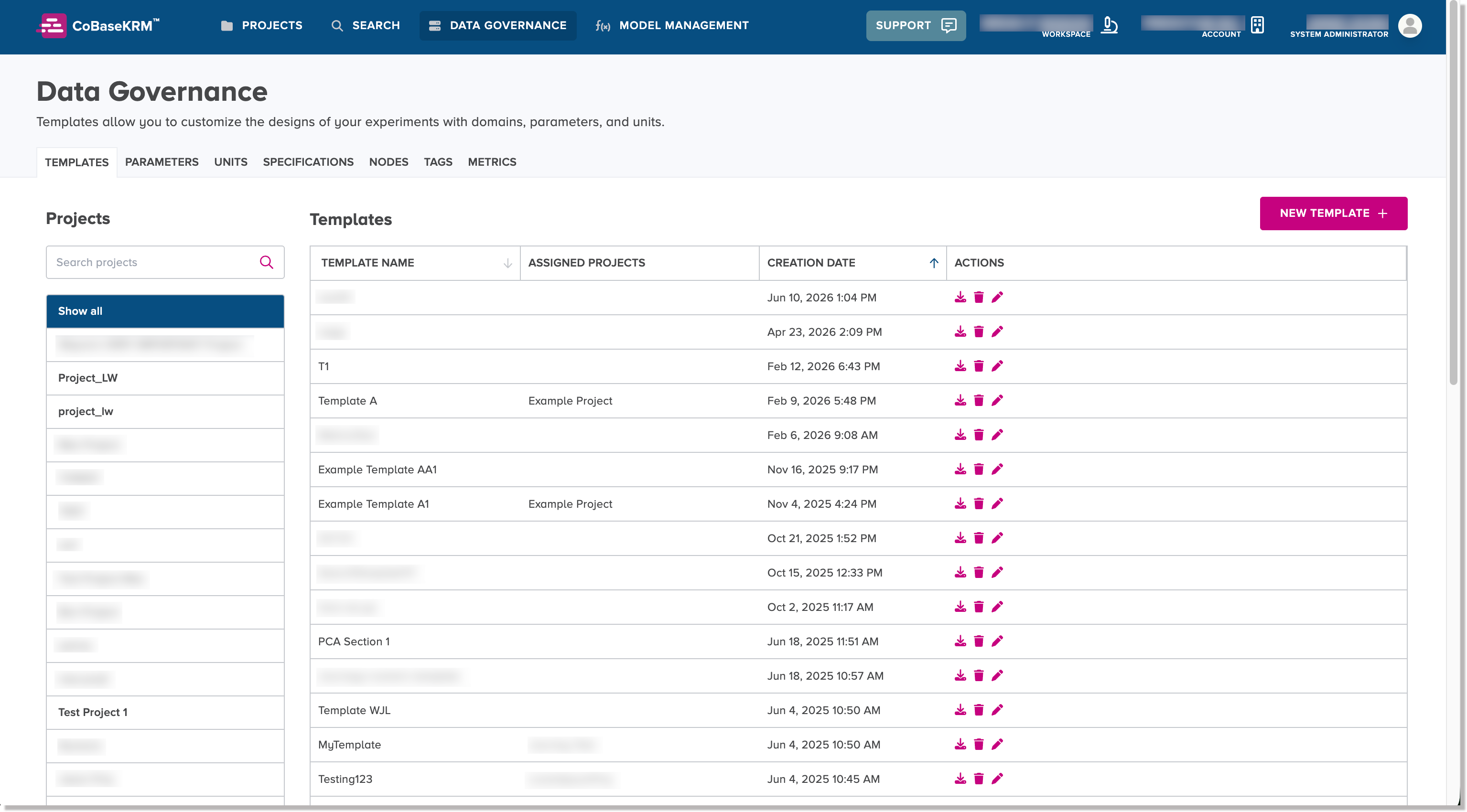 Data Governance - Templates tab