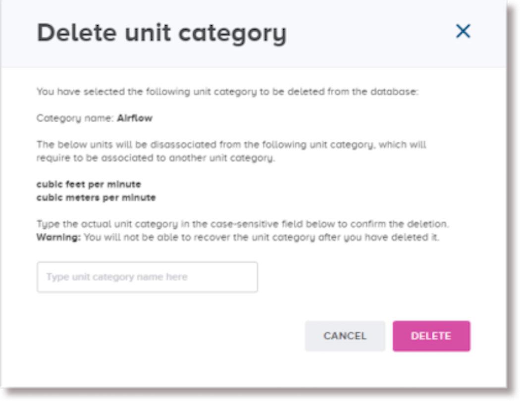 Delete unit category dialog listing associated units that will become disassociated
