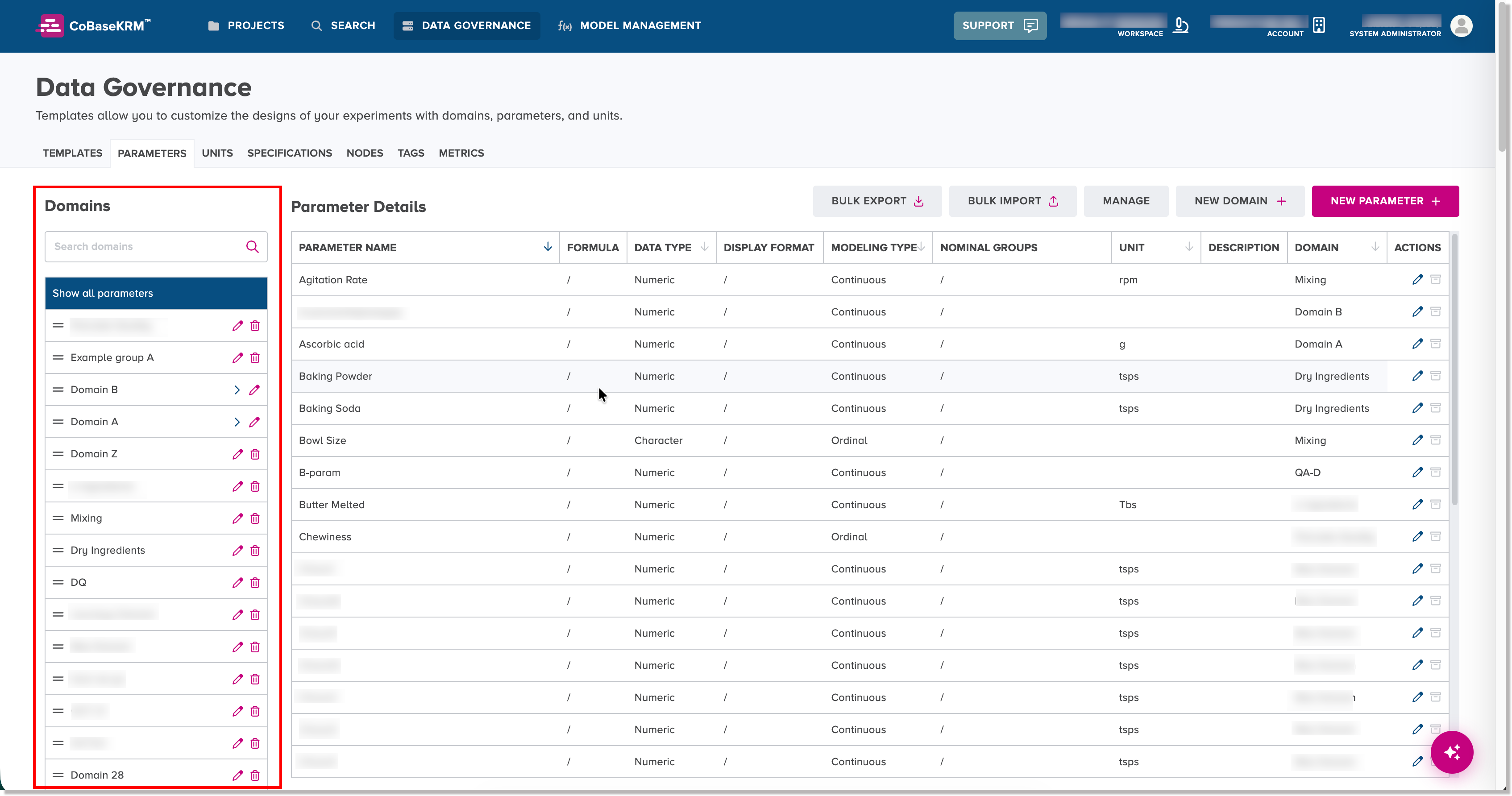 Domains list on the Data Governance - Parameters tab