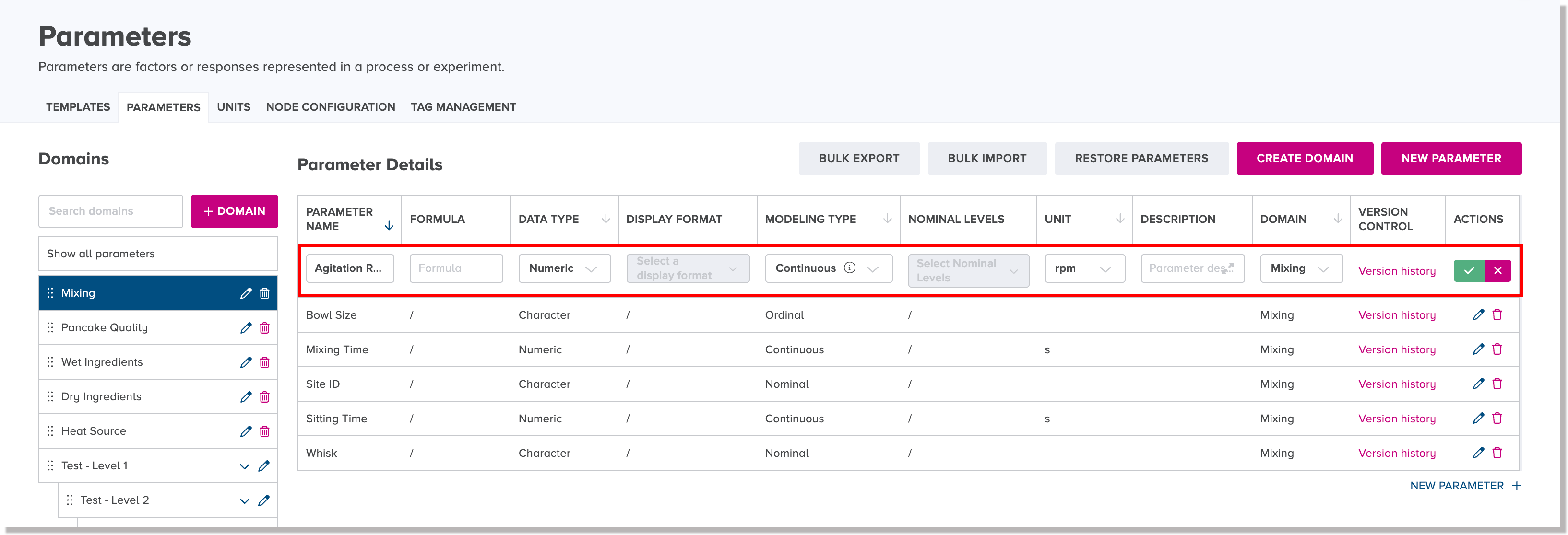 Editable fields for a parameter