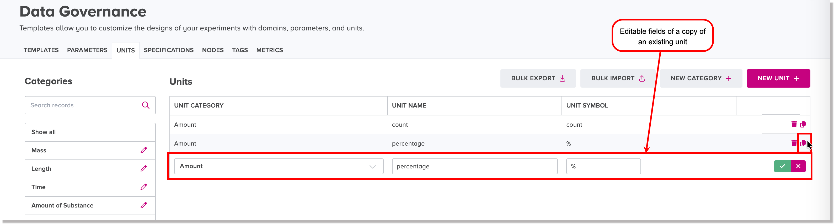 Editable fields of a copy of an existing unit