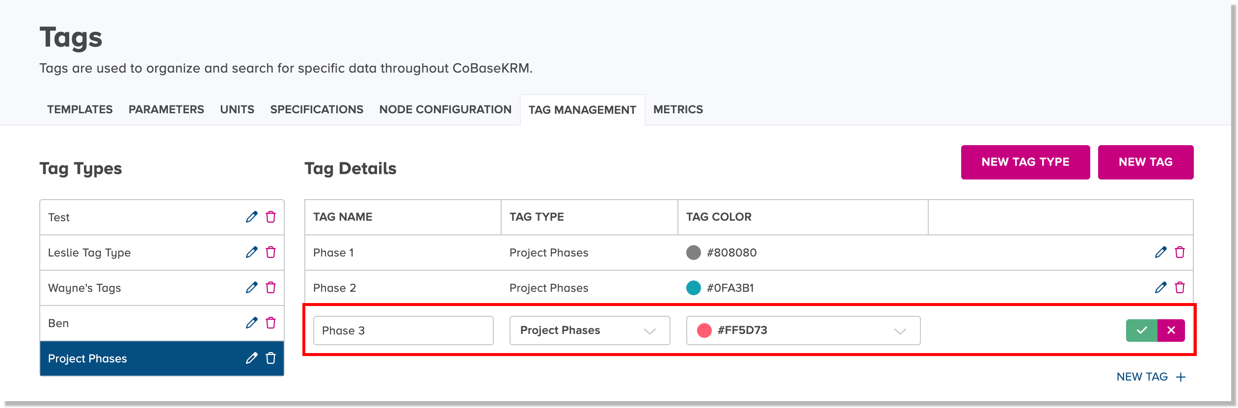 Editable row for tag