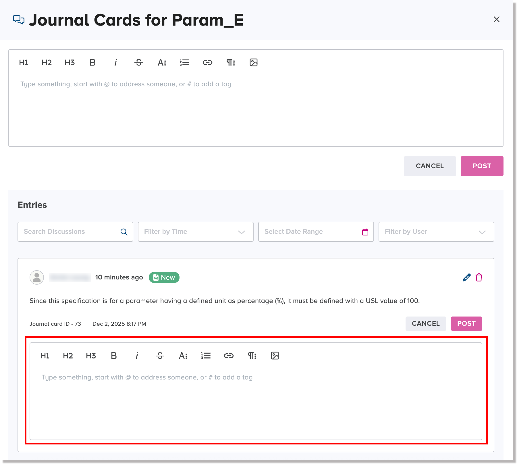 Editing pane for a reply to a posted journal card