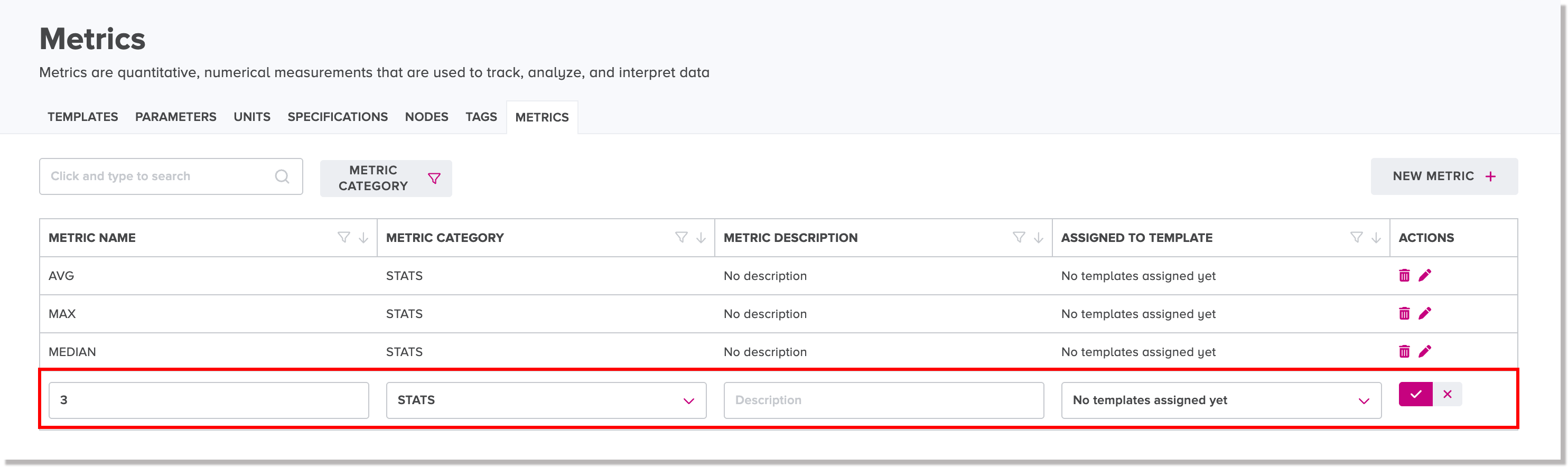 Inline editing of existing metric