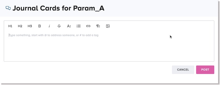 Journal card for parameter specification dialog