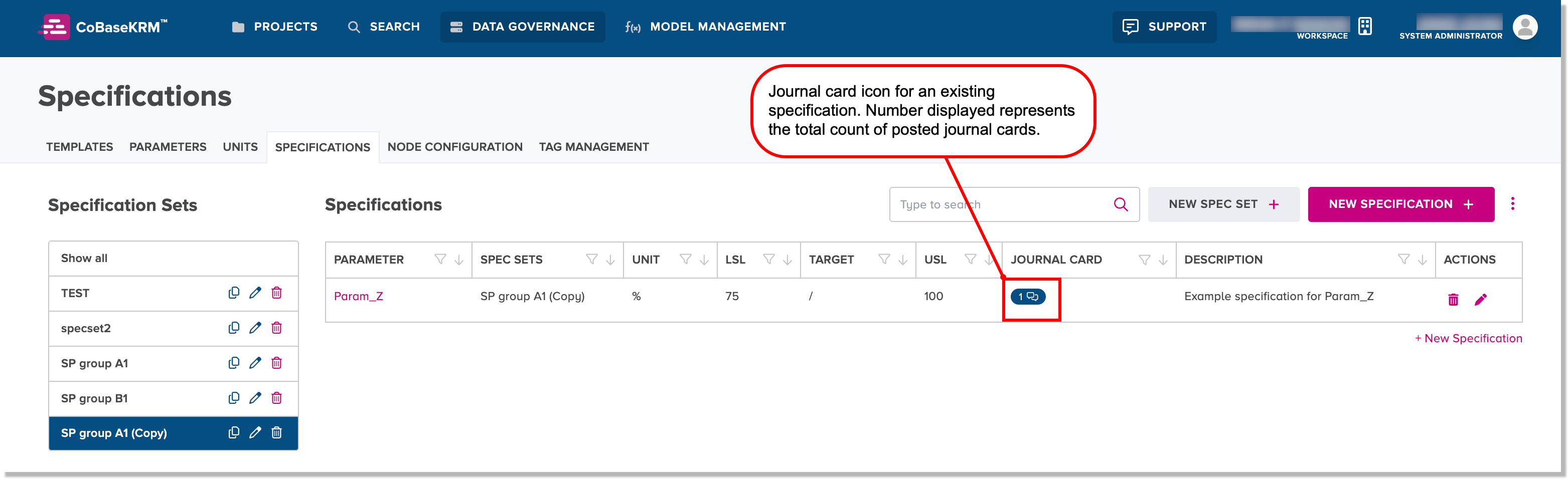 Journal card icon for an existing specification