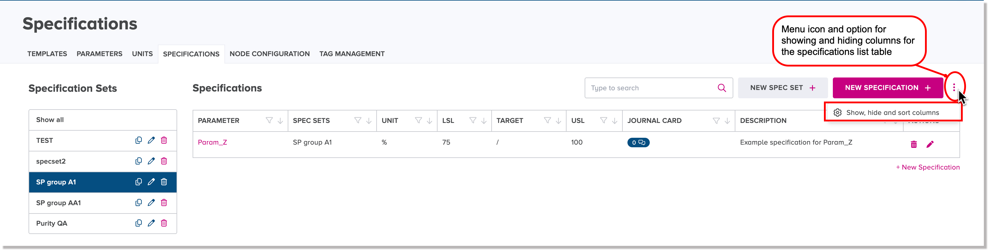 Menu icon and display configuration option for the specifications list table