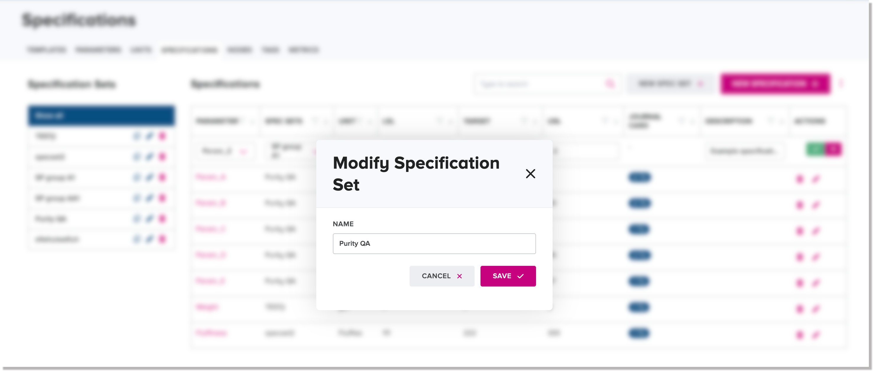 Modify Specification Set dialog