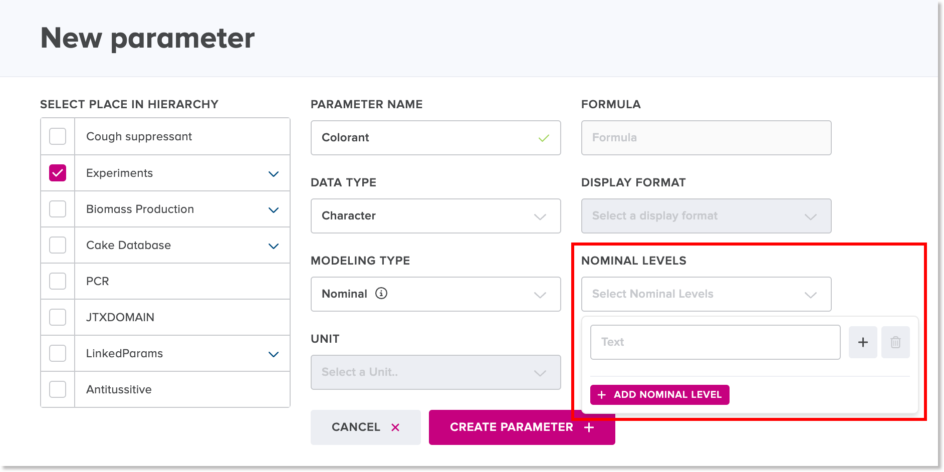 Input field for valid nominal level for the nominal modeling type