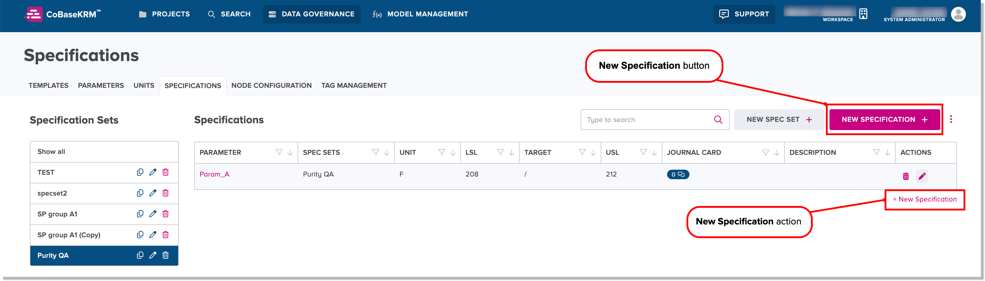 New Specification button and New Specification action