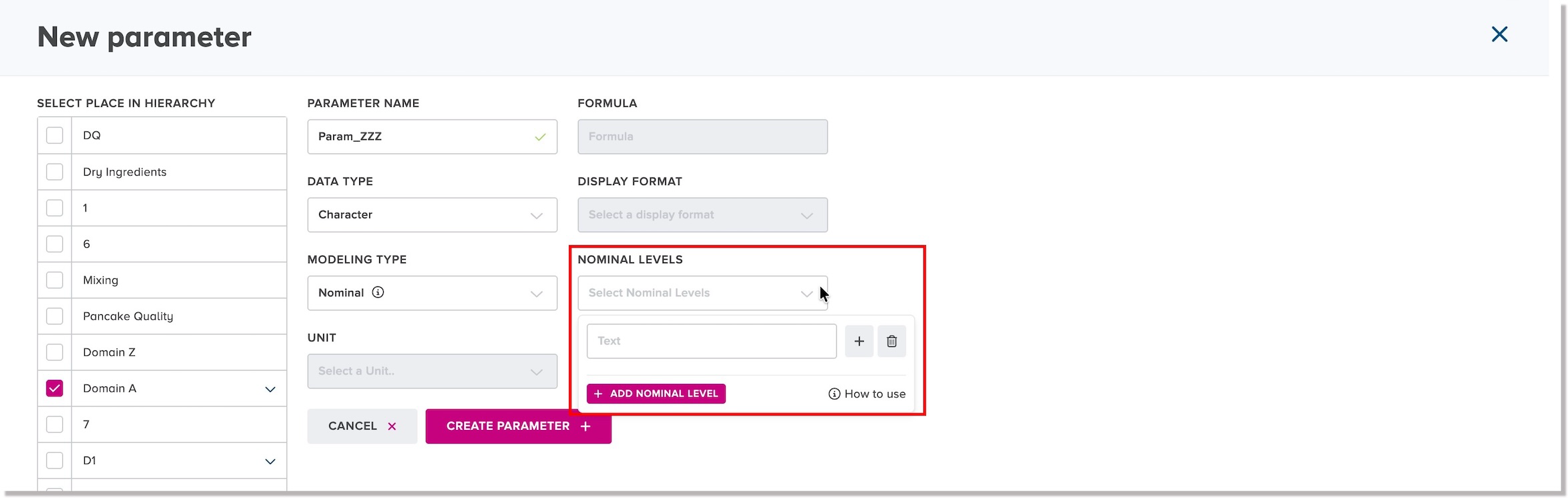 Nominal Levels field in New Parameter dialog