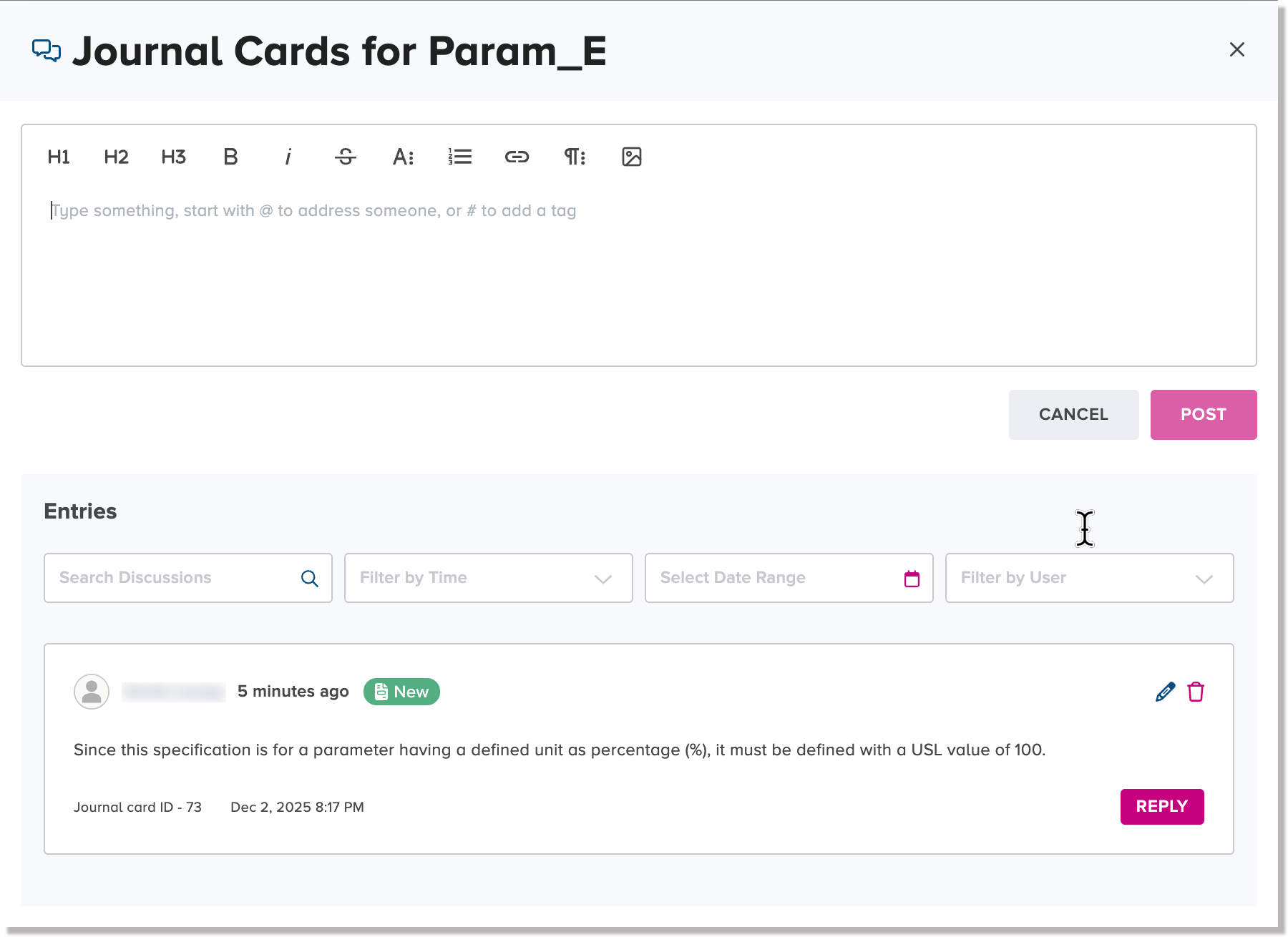 Posted journal card entries for an existing specification