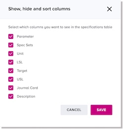 Show, hide and sort columns dialog