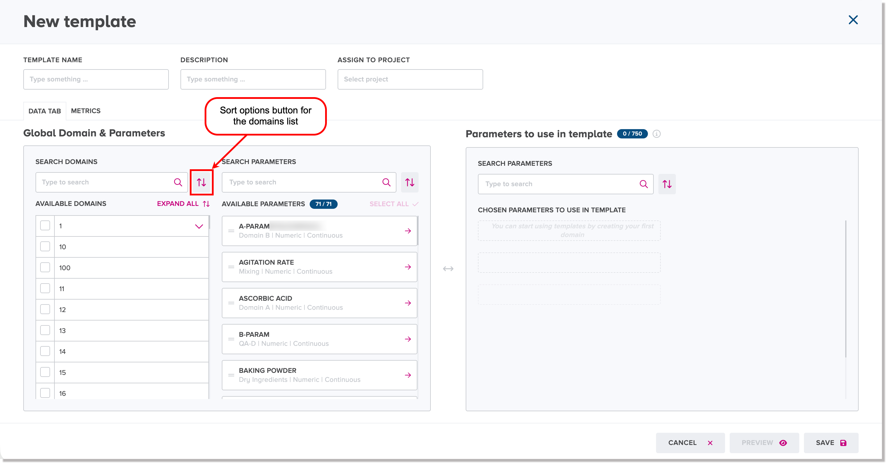 Sort options button for domains list