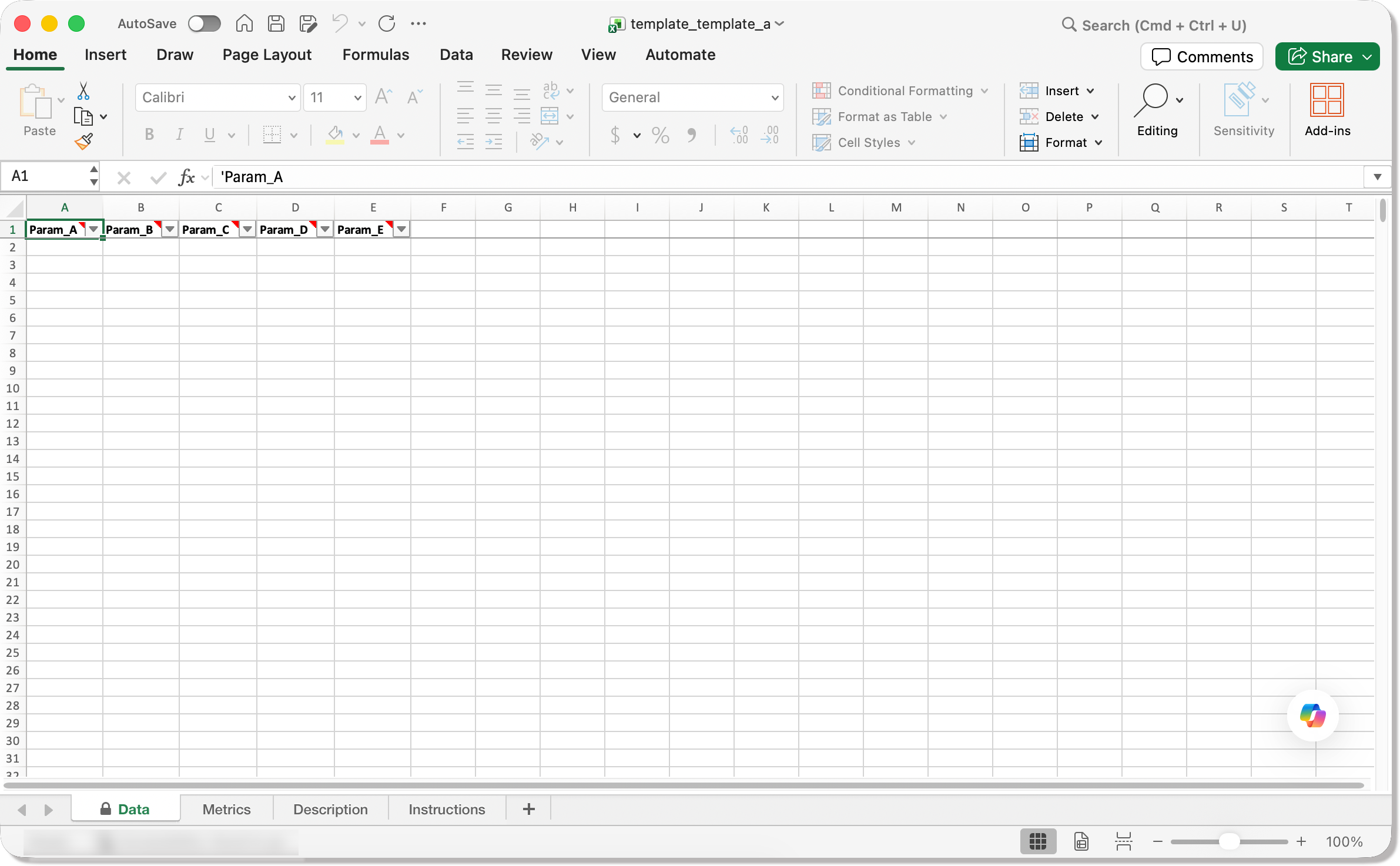 Data tab of an example template