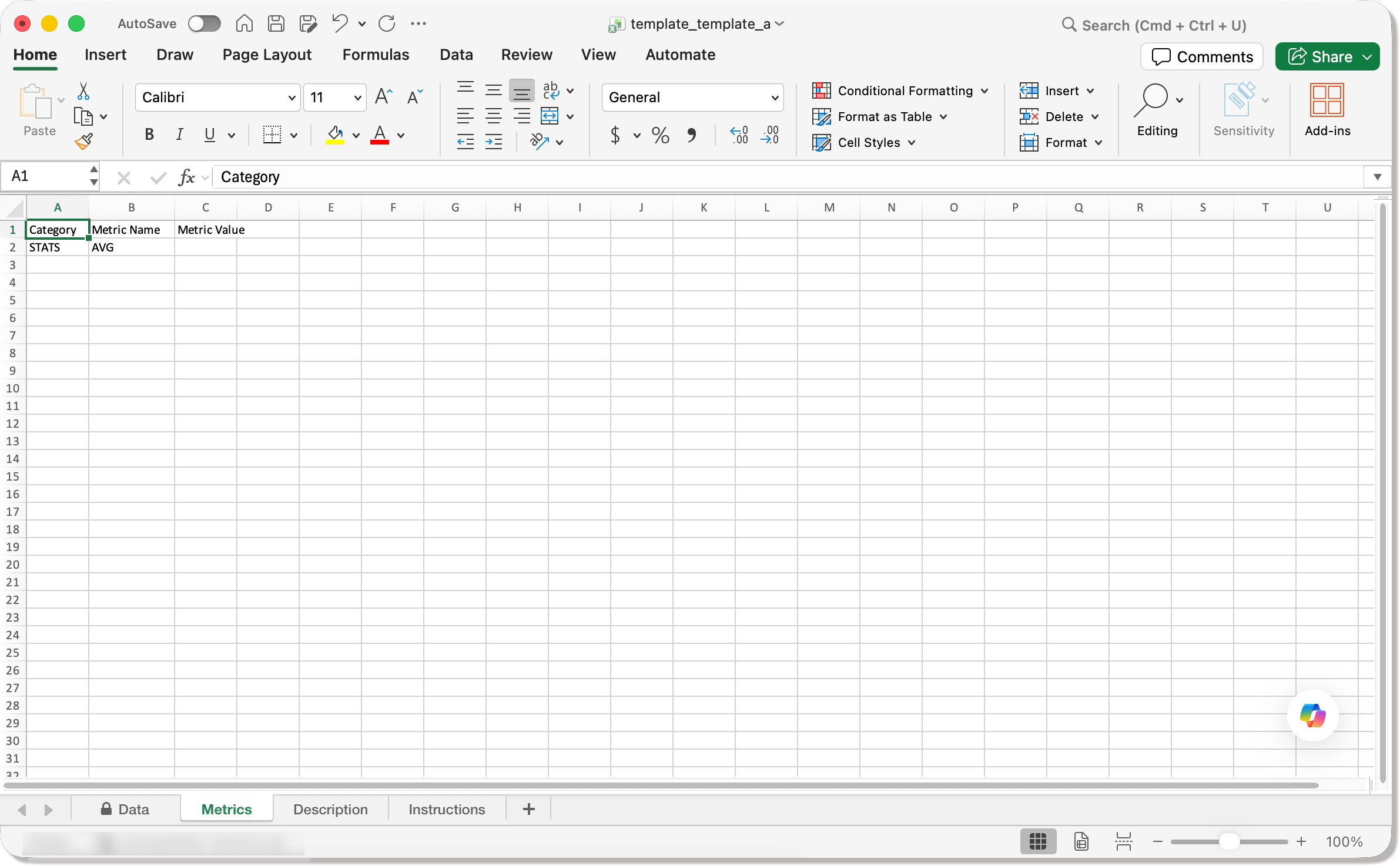 Metrics tab of an example template