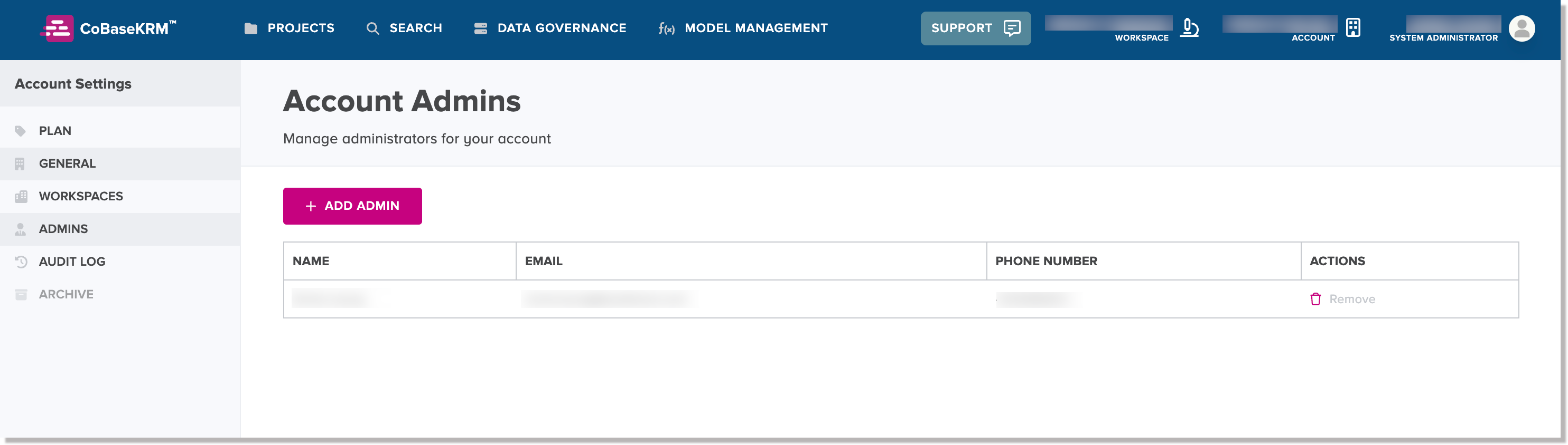 Account settings > Admins tab