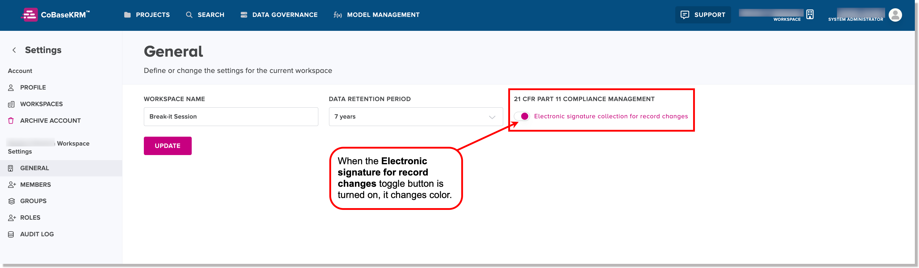 Electronic signature collection for record changes toggle button