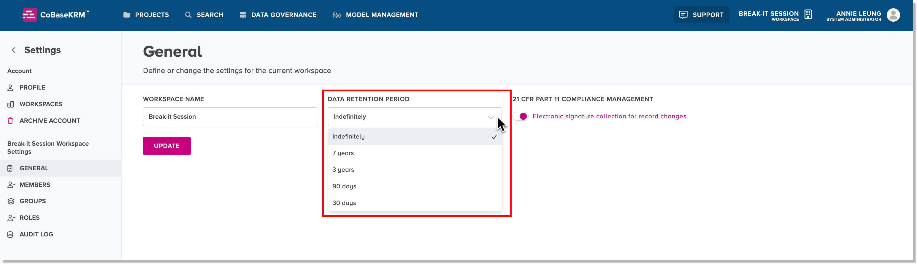 Data Retention Period drop-down field