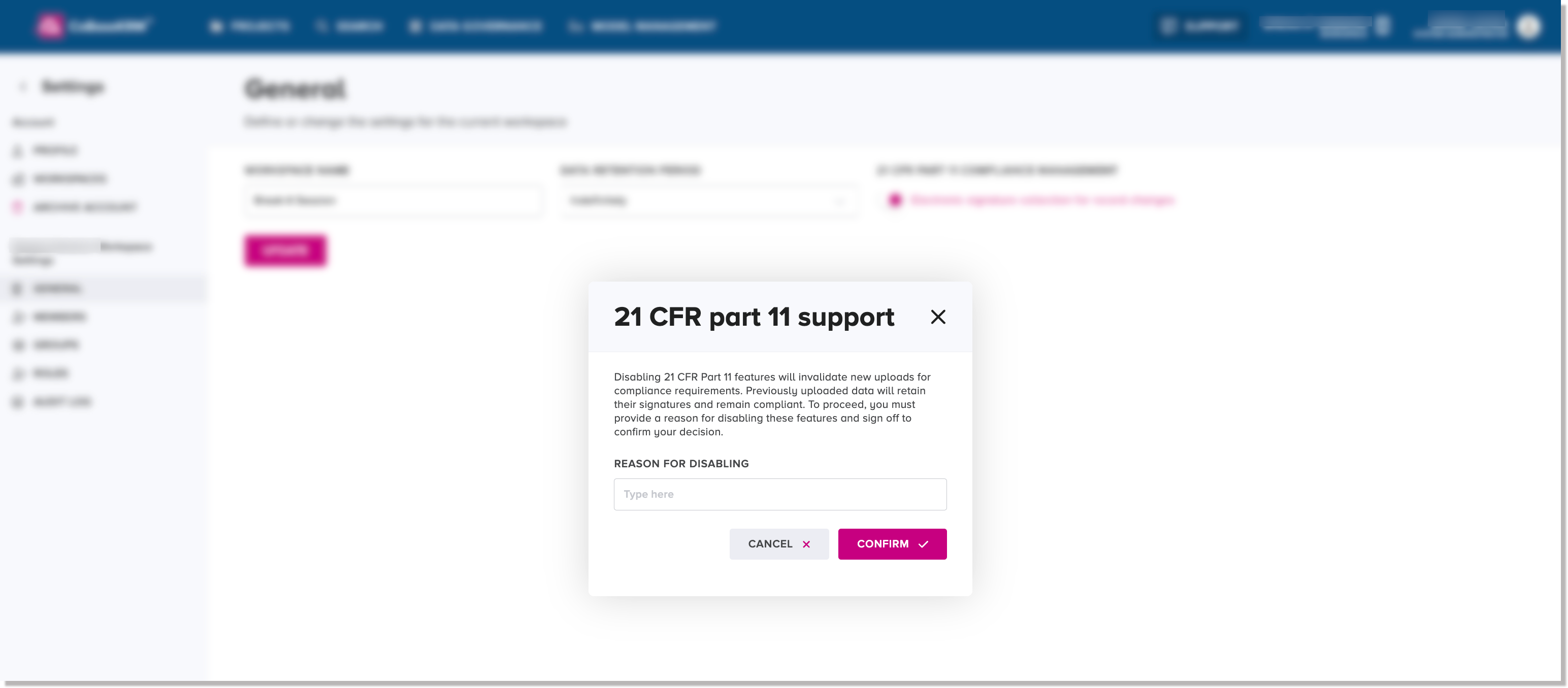 Disable 21 CFR Part 11 support dialog
