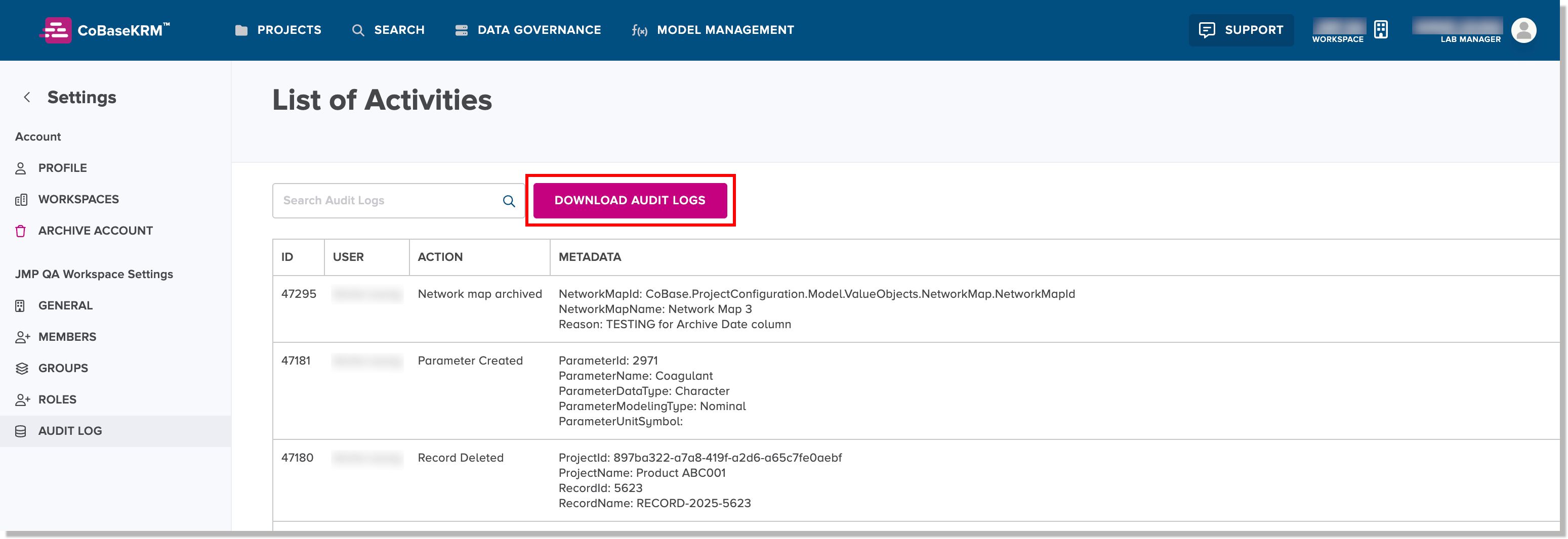 Download Audit Logs button