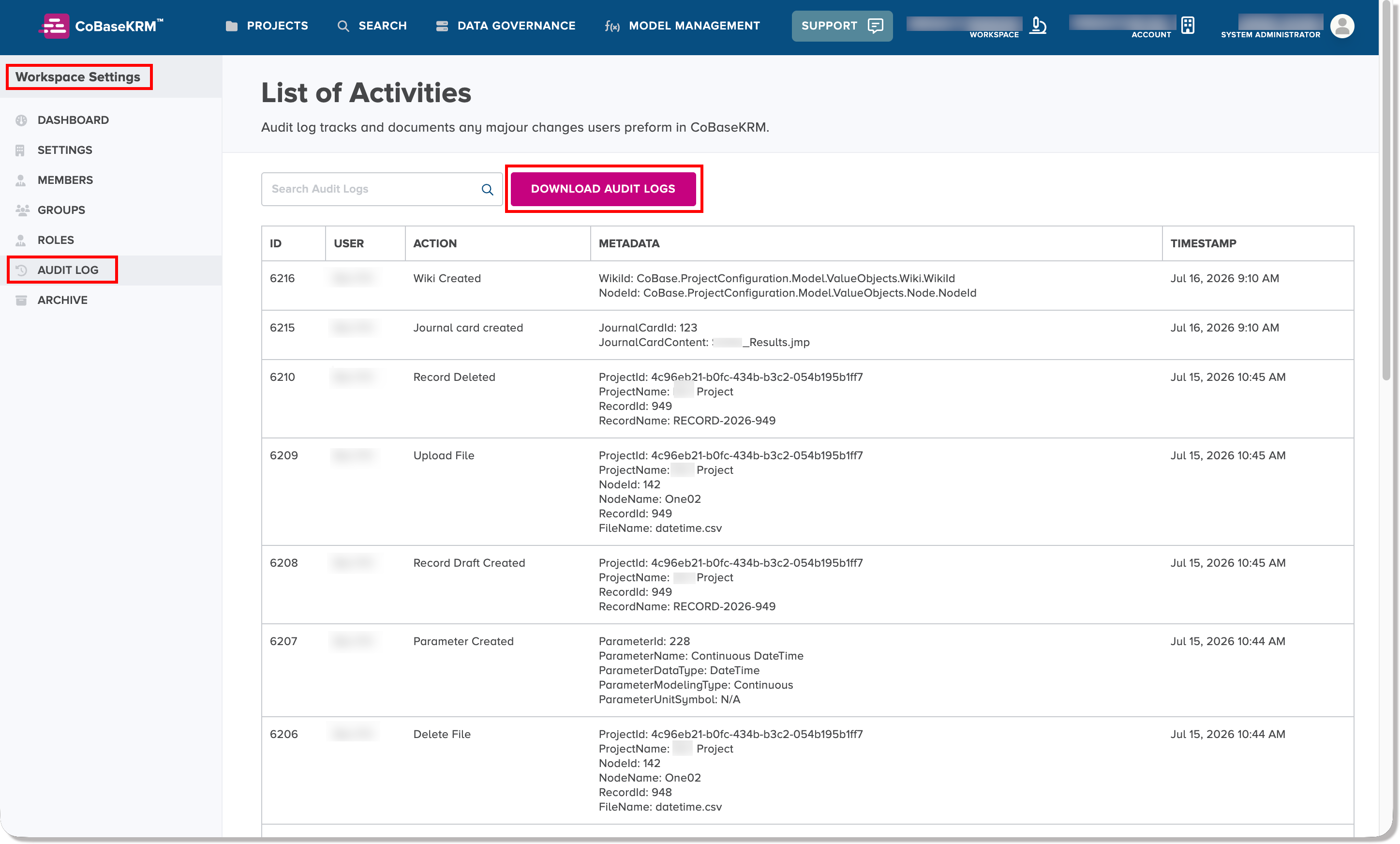 Download Audit Log button
