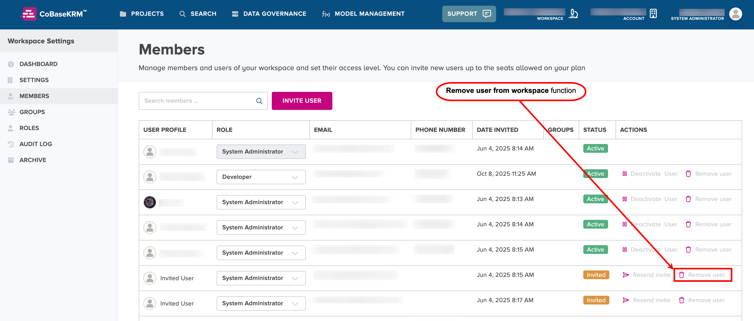 Remove user from workspace function