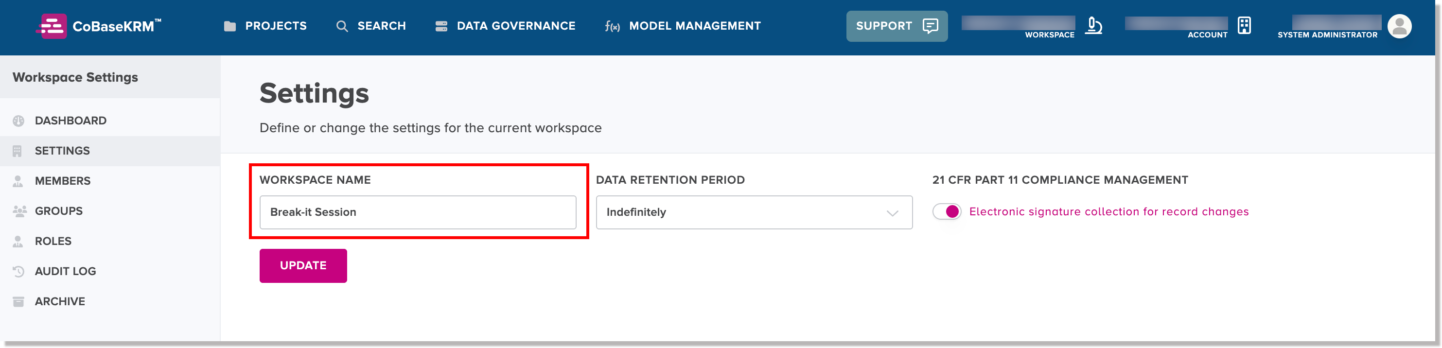 Workspace Name field on the Workspace Settings > Settings tab