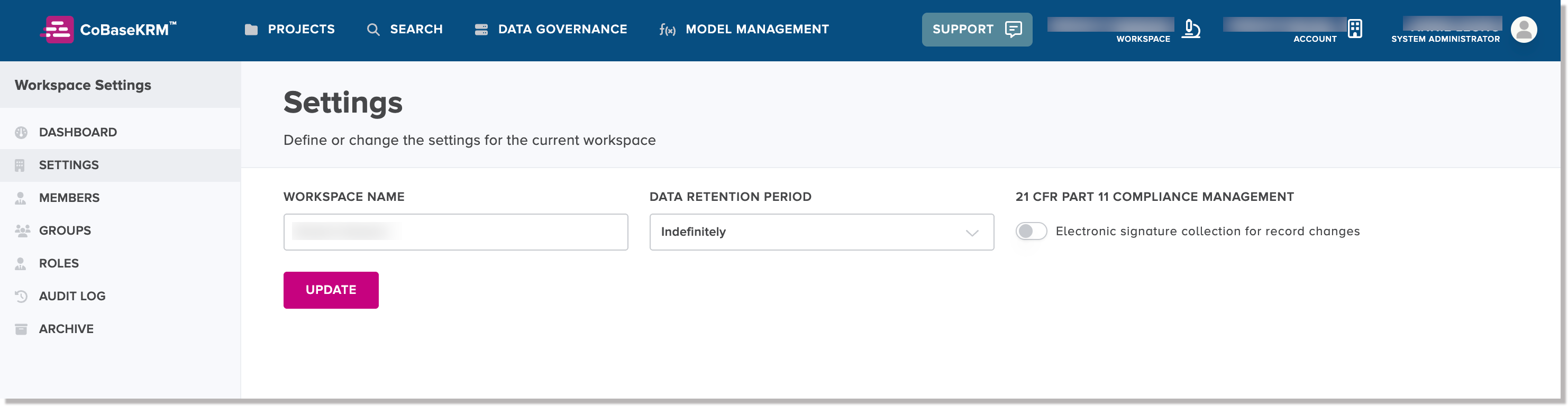 Workspace settings > Settings tab