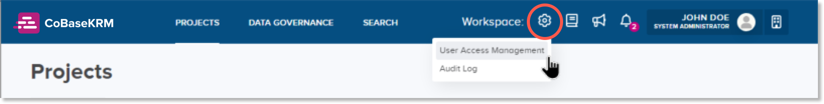 Settings icon and User Access Management menu option