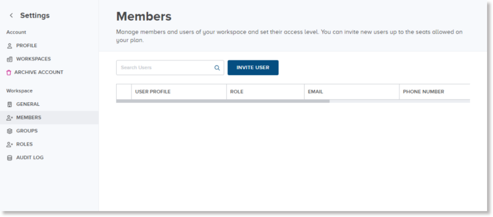 User Access Management settings view