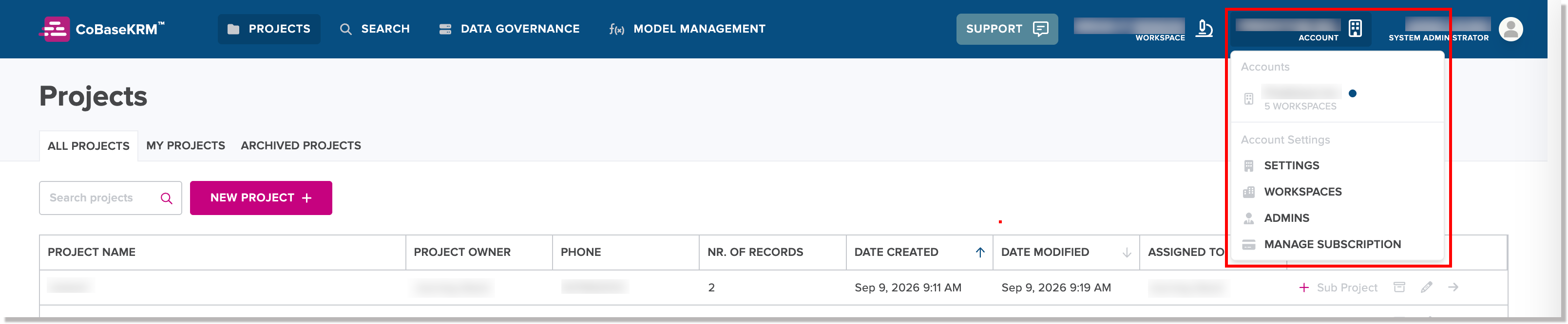 Account menu options