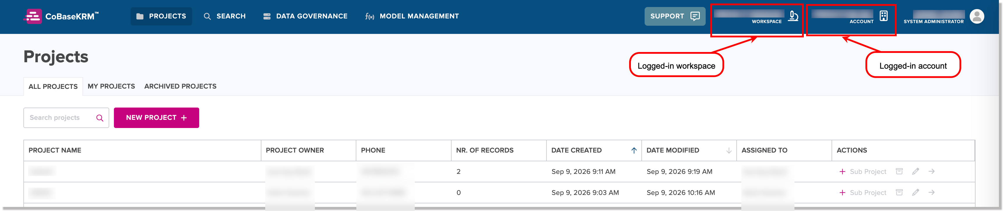 Workspace and account that a user is logged into
