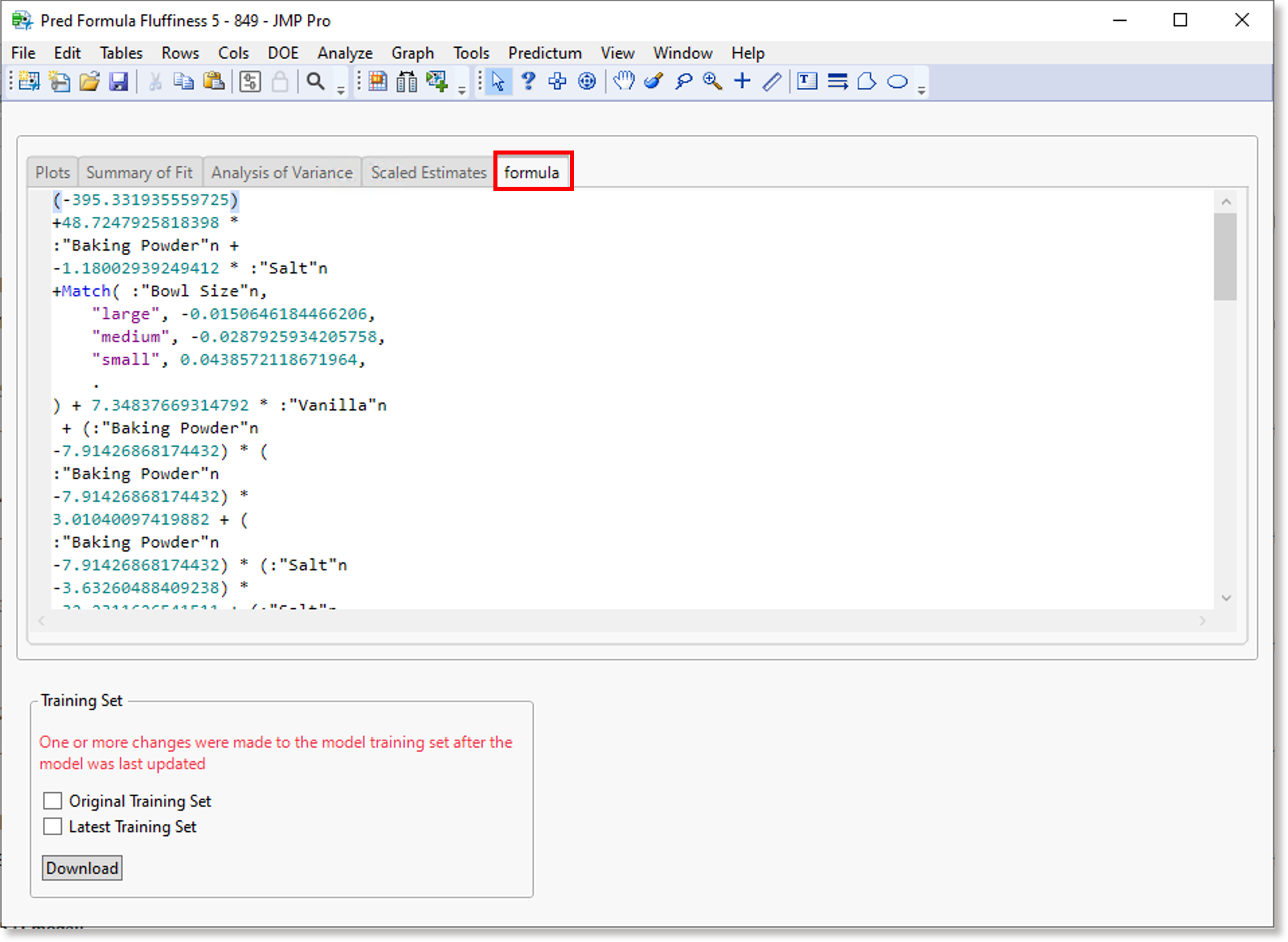 Formula tab in a model's history window