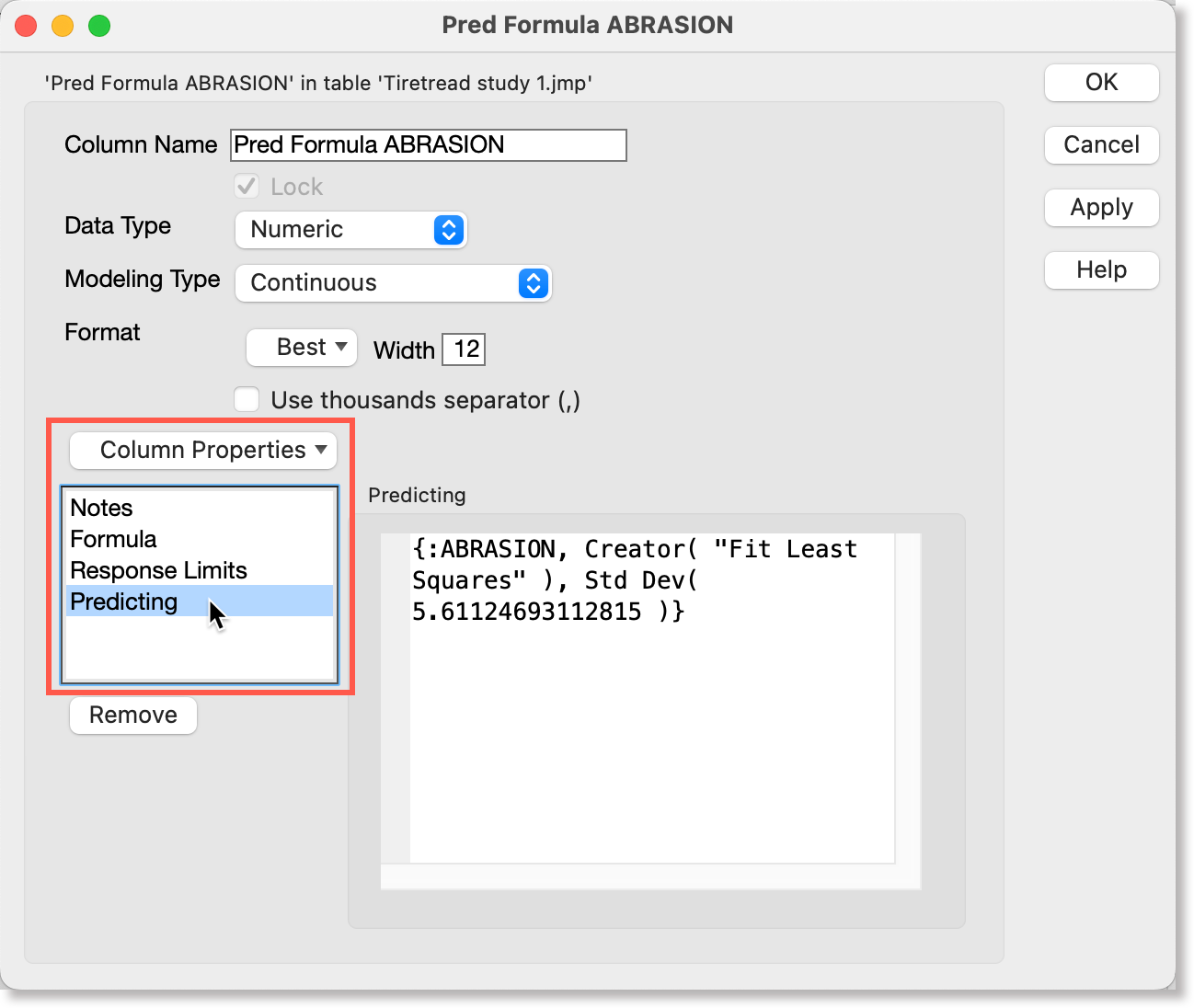 Predicting property of a model column