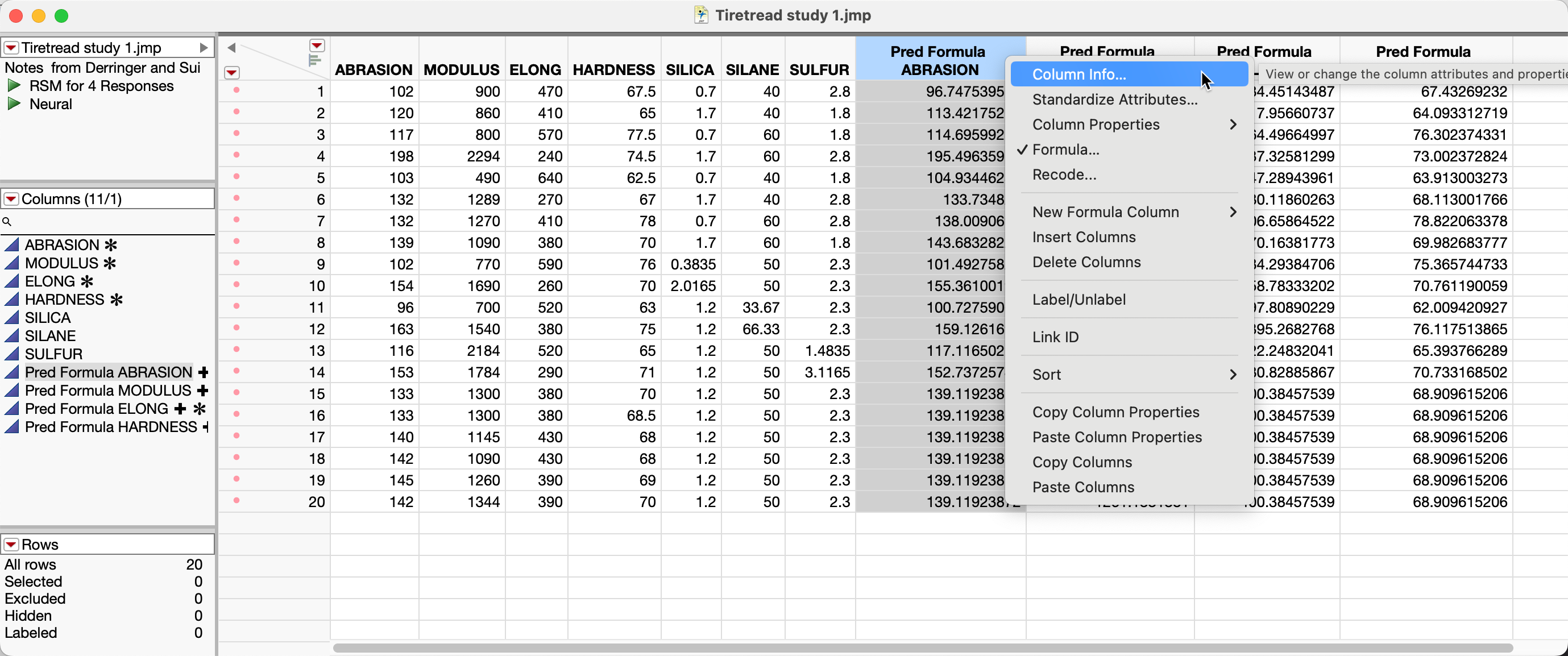 Column Info option in right-click menu of a model column