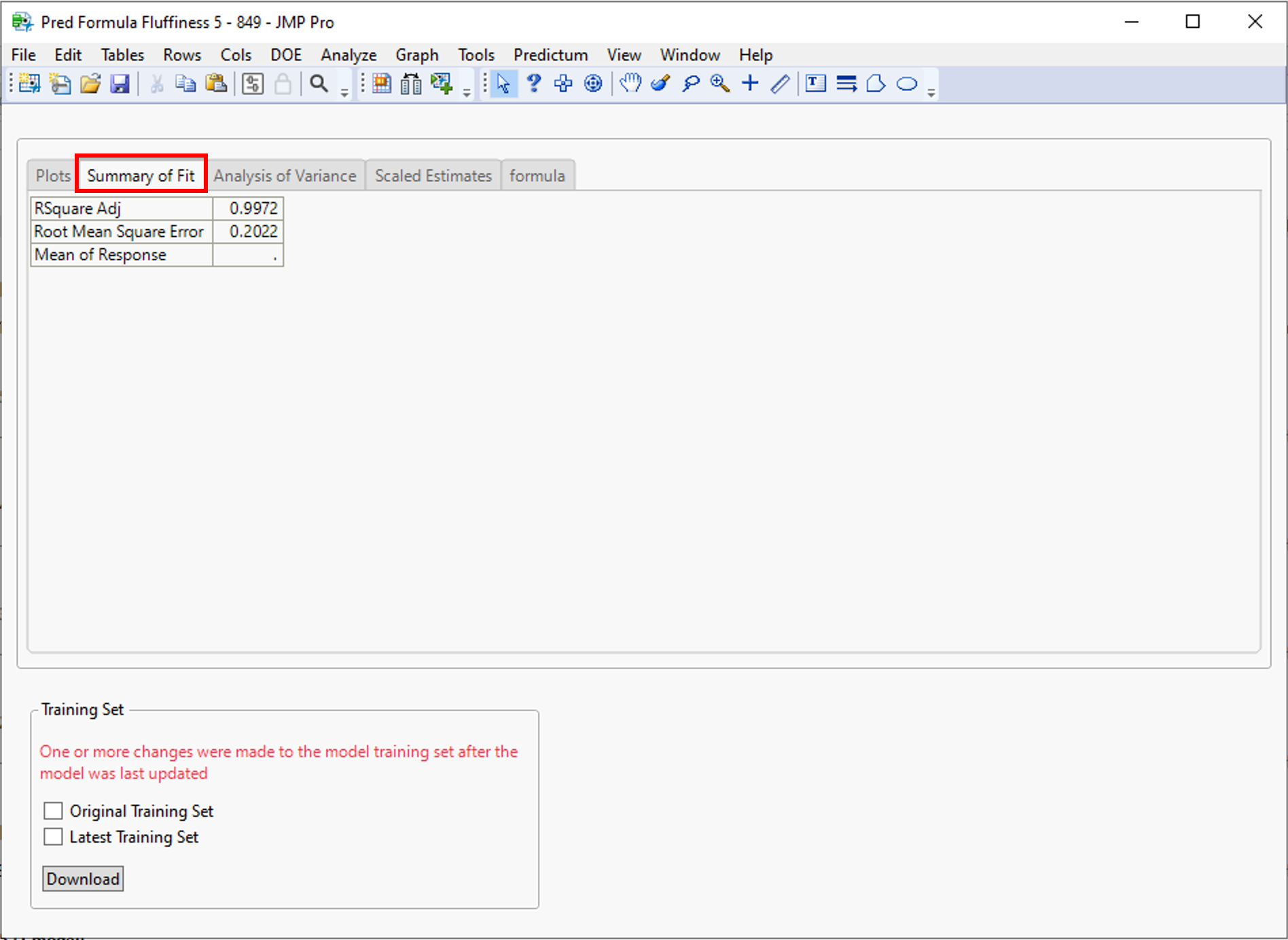 Summary of Fit tab in a model's history window
