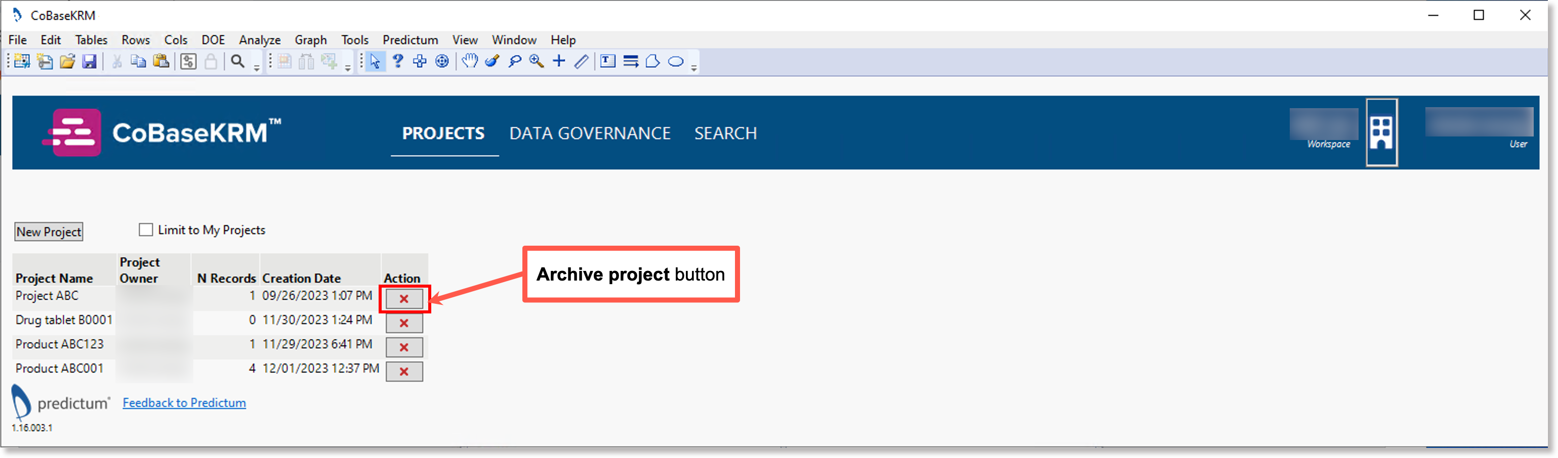 Archive project button