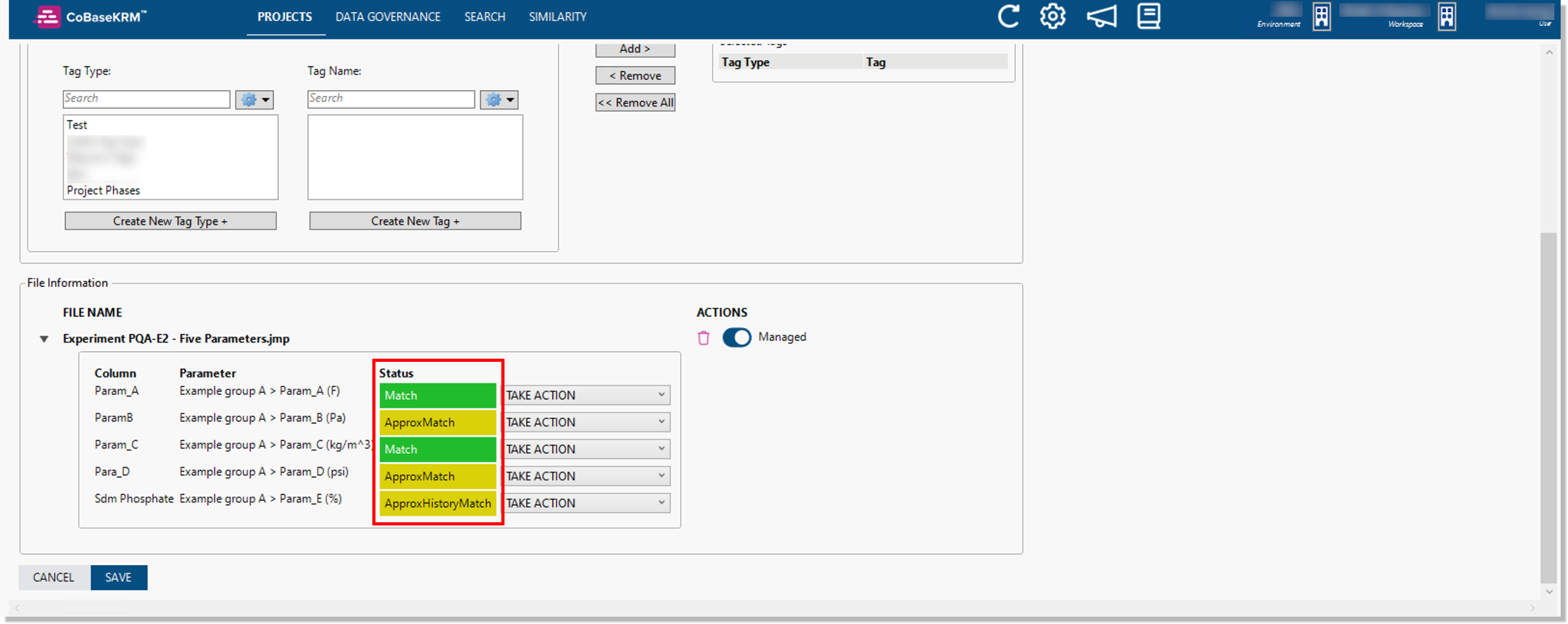 Example statuses of parameter names as a result of parameter matching