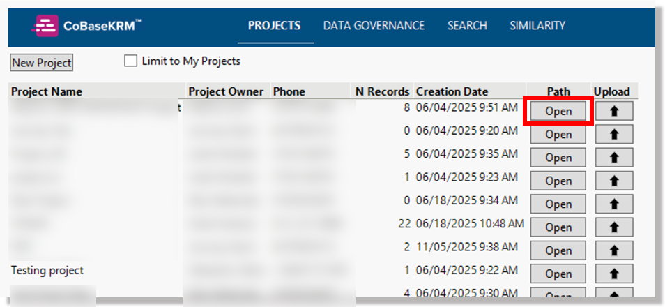 Open Path button for a project