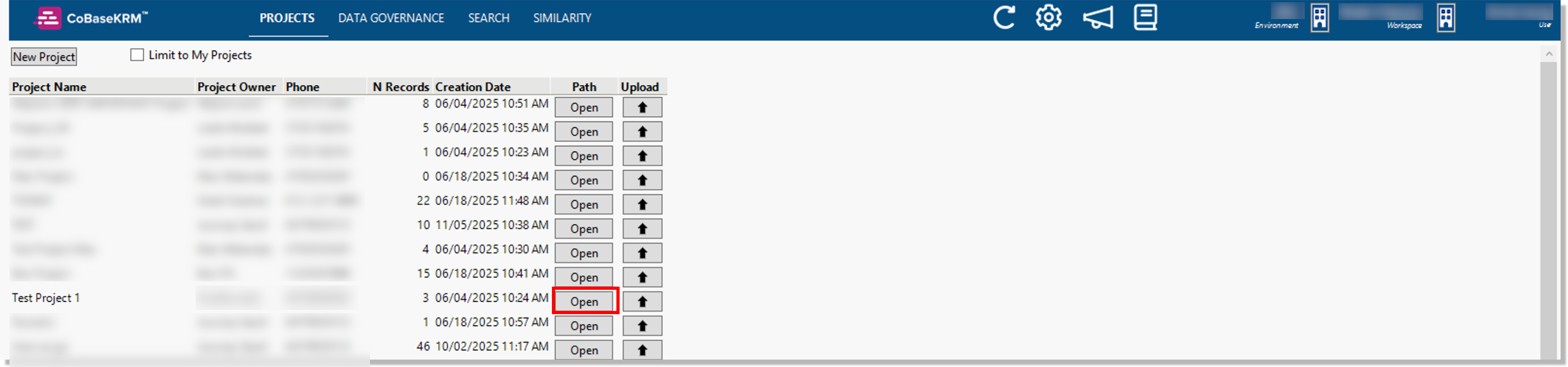 Open Path button for a project