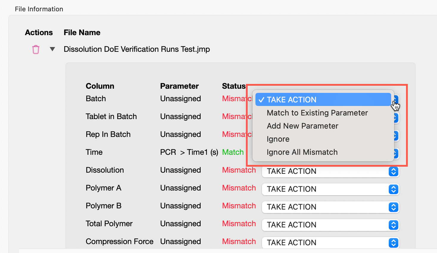 Take Action drop-down list