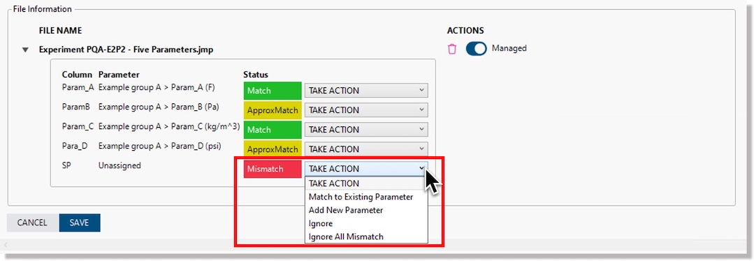Take Action field for a parameter having a status other than "Match"