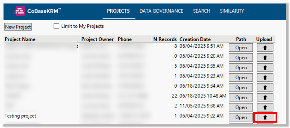 Upload button for a project