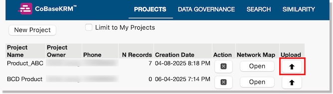 Upload button for a project